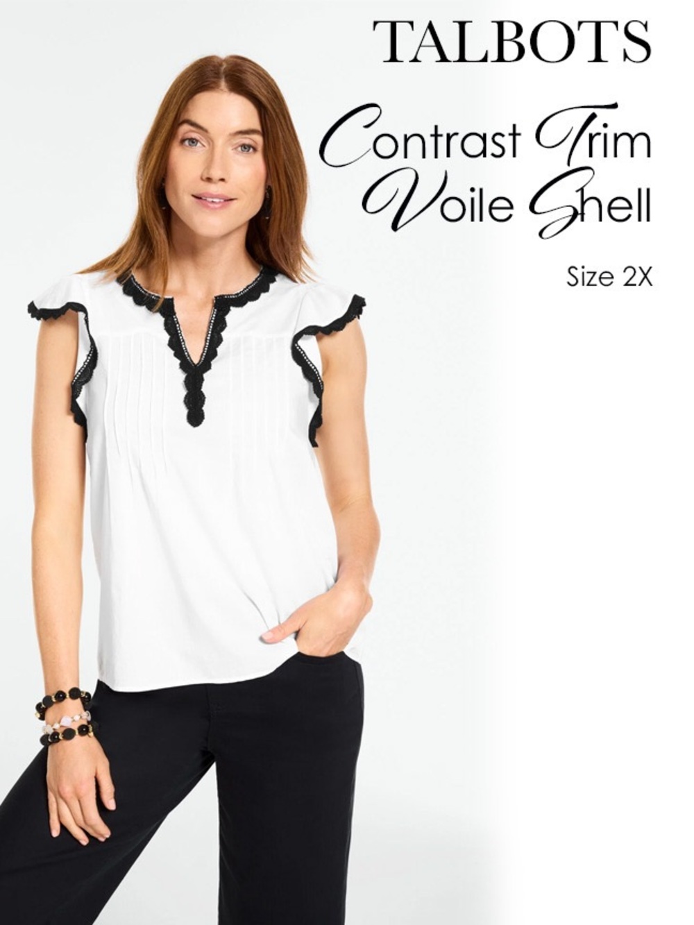Talbots White Voile Shell Sleeveless Top with Black Contrast Trim